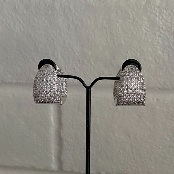 Pave Cubic Zirconia Huggies Style Silver Tone Earrings - Picture 2 of 10